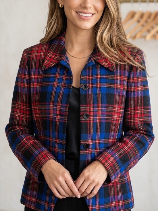 Pendleton Jackets & Blazers - PENDLETON Vintage 100% Virgin Wool Red Blue Tartan Plaid Blazer Jacket Size 14
